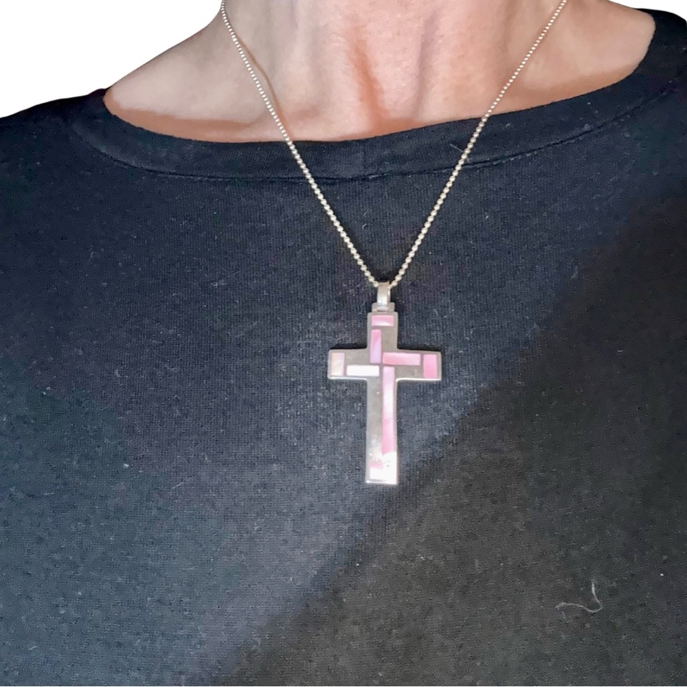 Sterling Silver Cross Necklace | Rose Quartz Inlay | ✝️ Unisex Faith Jewelry